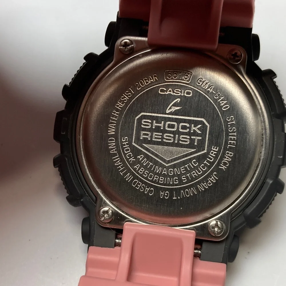 Casio Gshock, GMA-S140, gray bezel, dusty pink strap and accents working battery